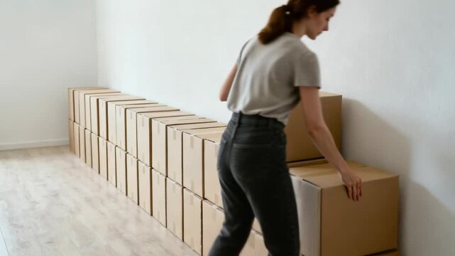 Woman stacking cardboard box onto a stack of boxes in an empty room, preparing for moving house or new home.