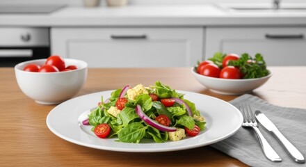 Fresh salad with tomatoes, cheese & red onion on a plate, set on a wooden table