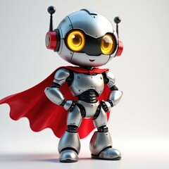 Fototapeta na wymiar Cute silver robot wears red cape stands hero pose. This digital character looks like superhero. It has bright yellow eyes, antennae, and mechanical body. Fun 3D cartoon bot ready for action.
