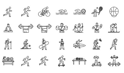 Fitness and sports thin line vector icons of active lifestyle people