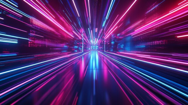 28.Cyber-style night banner with intense light streaks, sharp angles, and neon letters promoting mega discount sale