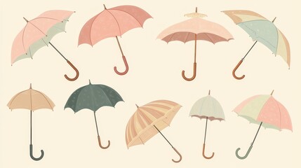 33.Flat vector illustration of assorted umbrellas in pastel and earthy shades, displayed in various angles and states, featuring curved handles and fabric details