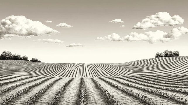 Engraving-style illustration of rural farm fields with symmetrical rows for planting, minimal clouds and soft hill contours in monochrome