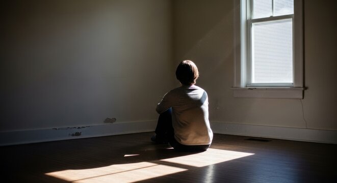 Lonely child sits in a sunlit empty room, casting long shadows, evoking a sense of isolation and quiet contemplation.