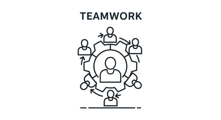 Teamwork concept icon: people collaborating around a central gear, representing synergy and cooperation