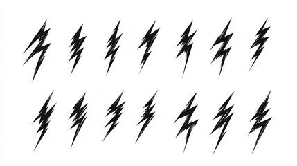 Fototapeta premium 65.Isolated group of black thunderbolt symbols with clean vector lines, representing energy, danger, and power in modern iconography