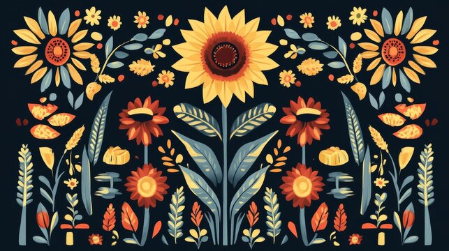 Cultural geometric pattern featuring harvest symbols like sunflowers, wheat sheaves and plows, flat vector style in national colors