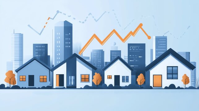 Conceptual illustration showing real estate development with small modern homes and stock trend arrows, clean vector layout for housing finance