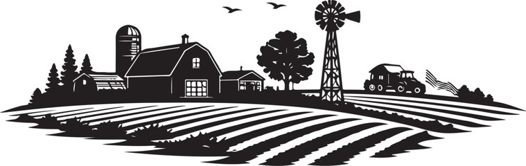 Indiana Farmland Landscape Silhouette, Vector Illustration, Isolated on White Background © Thi