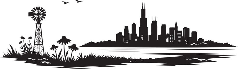Obraz premium Illinois Prairie Landscape Silhouette, Vector Illustration, Isolated on White Background