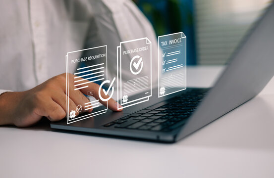 Person working digital procurement workflow on laptop purchase requisition purchase order tax invoice documents, AI document approval system business accounting automation paperless finance management