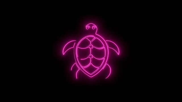 Sea turtle animal icon. Silhouette in thin lines minimalist style, emblem for the menu of the seafood restaurant. Neon glowing.