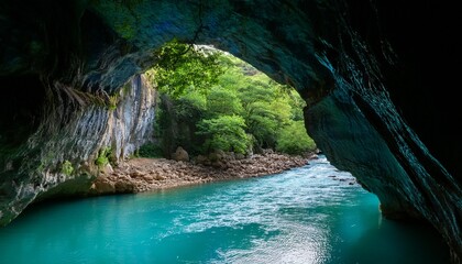 A Serene Turquoise River Flows Through A Cave With A Large Opening Surrounded By Rocky Cliffs And Greenery