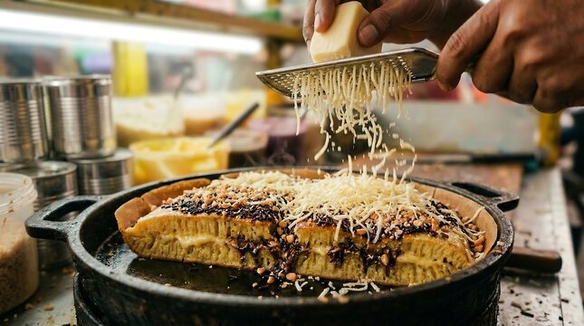 Martabak Manis being filled with chocolate, peanut & cheese
