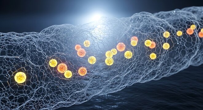 Abstract visualization of a biological cell membrane with glowing nanoparticles and cellular structures in a dark environment