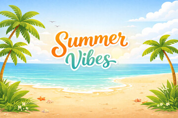 Fototapeta premium Summer Vibes Tropical Beach Background with Palm Trees and Ocean Vector Illustration