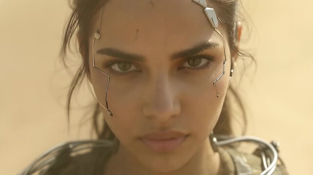 A woman with cybernetic implants on her face stands in the desert under the sun, looking into the lens while the wind kicks up clouds of golden dust around her