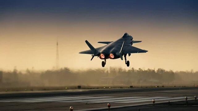 Modern stealth fighter jet accelerates down the runway with glowing afterburners and lifts off into the hazy golden sky above a military airbase