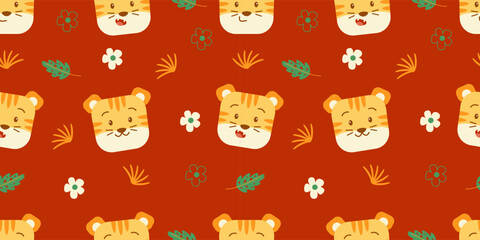 
Cute Tiger Face Seamless Pattern on Warm Orange Background