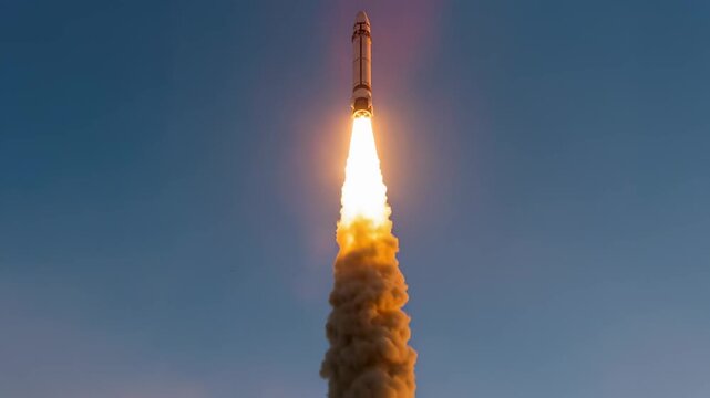White rocket launches from the pad and ascends, leaving a trail of fire and smoke at sunset