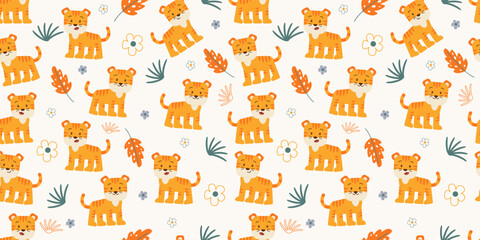 Cute Tiger Seamless Pattern with Botanical Accents