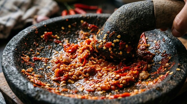Sambal in stone mortar (Cobek)
