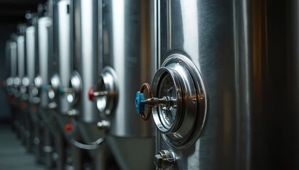 Fototapeta premium Large stainless steel tanks line a modern winery cellar, used for white wine fermentation. Equipment features valves for process control and hygiene.