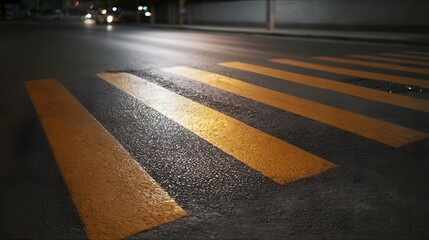 Wet asphalt crosswalk stripes illuminated by headlights on a dark city street at night