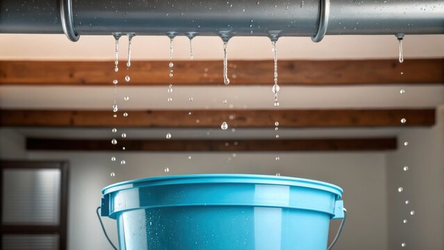 Climate anxiety Blue bucket collecting water dripping from a leaky indoor pipe with wooden ceiling beams visible.