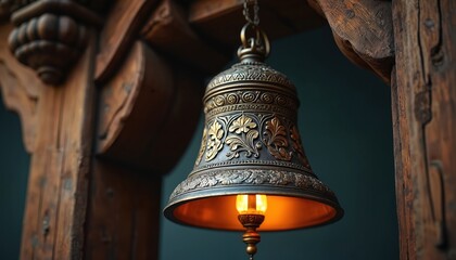 Fototapeta premium Antique bronze bell with ornate floral pattern hangs from old wooden beams. Inside, a warm lamp glows casting light. This heritage object symbolizes tradition, history, and craftsmanship.