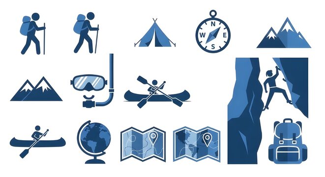 Conjunto de iconos de aventura.
 Contiene &iacute;conos de caminata, fogata, snorkel, escalada, viajes y pirag&uuml;ismo.
 Concepto de actividad al aire libre.
 Colecci&oacute;n de iconos s&oacute;lidos.