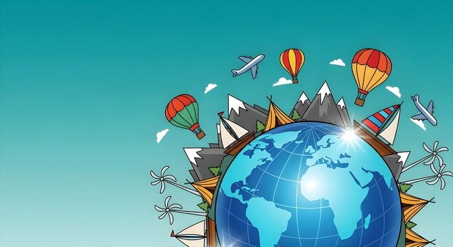 Dise&ntilde;o de fondo de vector de viaje.
 Vayamos a un texto de viaje con un globo terr&aacute;queo en 3D y un destino tur&iacute;stico emblem&aacute;tico para viajes por todo el mundo.
 Ilustraci&oacute;n vectorial.