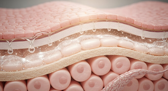 Cross sectional view of layered skin structure with epidermis dermis and hypodermis