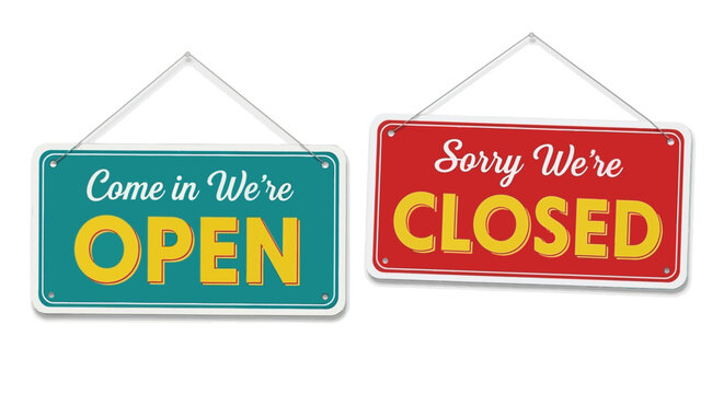 Vibrant vector illustration featuring two distinct hanging signs, one inviting customers with a cheerful 'Open' message and the other indicating a temporary 'Closed' status for businesses.