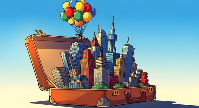 viajar al mundo.
 maleta abierta con puntos de referencia.
 ilustraci&oacute;n vectorial