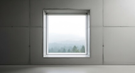 A serene view of a city skyline through a large, open window in a minimalist room