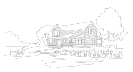 Rustic house by the lake with a small dock and trees, line art drawing