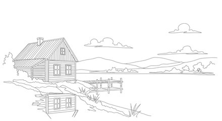 Obraz premium Rustic Wooden Cabin by Lake with Mountain Backdrop - Hand-Drawn Sketch