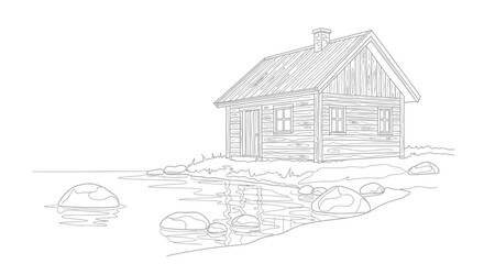 Obraz premium Rustic wooden cabin by the water, serene landscape, line art illustration