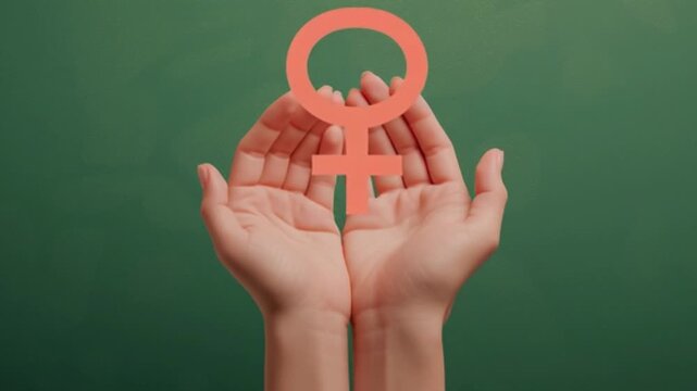 Female gender symbol supported by open human hands on green background, women empowerment equality rights concept, feminism support and protection message, gender equality awareness campaign, social j