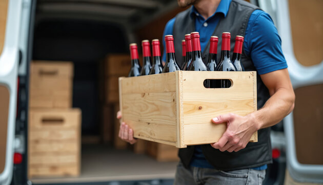 Delivery man holds wooden crate with red wine bottles. Man unloads cargo from van, logistic service for alcohol beverage purchase. Wine shop orders delivered to customers.