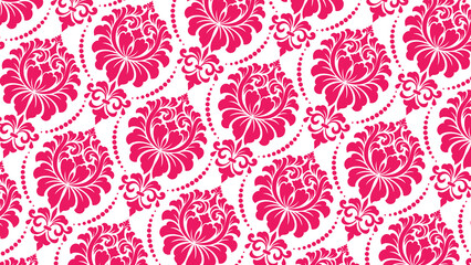 Vibrant fuchsia and white seamless damask pattern featuring elegant swirling floral motifs and delicate dotted accents creates a luxurious decorative backdrop, perfect for textile design, sophisticate © Harsh