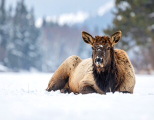Fototapeta premium Elk resting peacefully in a snowy winter landscape.