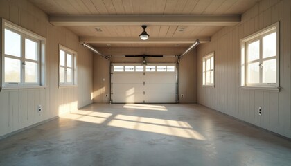 Empty garage interior bathed in sunlight. Large white door and windows let natural light in, creating bright airy space. Concrete floor and wood paneled walls form clean modern backdrop.