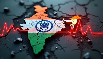 Obraz premium India map cracked, colored like flag, shows red heartbeat line across. Symbolizes crisis, disaster, national emergency or economic downturn. Represents vulnerability and resilience.
