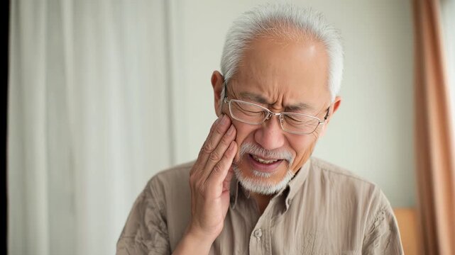 Suffering Silently: An elderly person, bearing the weight of discomfort. He is captured in a moment of pain, gripping his face in a gesture of physical suffering.