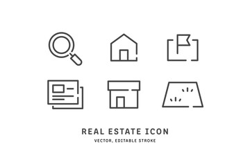 物件情報･一戸建て･土地･店舗の賃貸や売買に便利なミニマルデザインの不動産線画アイコンセット (ベクター･モノクロ) Editable stroke