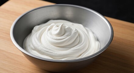 Close-up of a bowl filled with freshly whipped, white cream, sitting on a wooden board