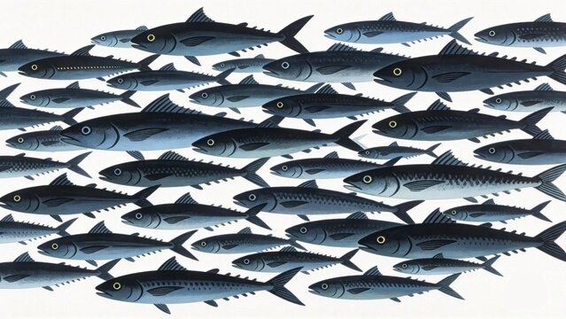 A school of dark blue fish swimming in unison against a light background