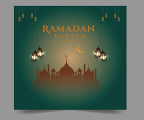 Elegant Ramadan Kareem greeting background featuring mosque silhouette, crescent moon, and traditional hanging lanterns on a green gradient backdrop. Islamic decorative design perfect for Ramadan gree ©  Creative 025